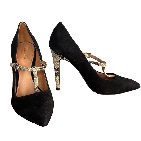 Coach Fulton Black Suede Snakeskin T-Strap Pointed Toe Stiletto Heels size 8.5 - Picture 3 of 9